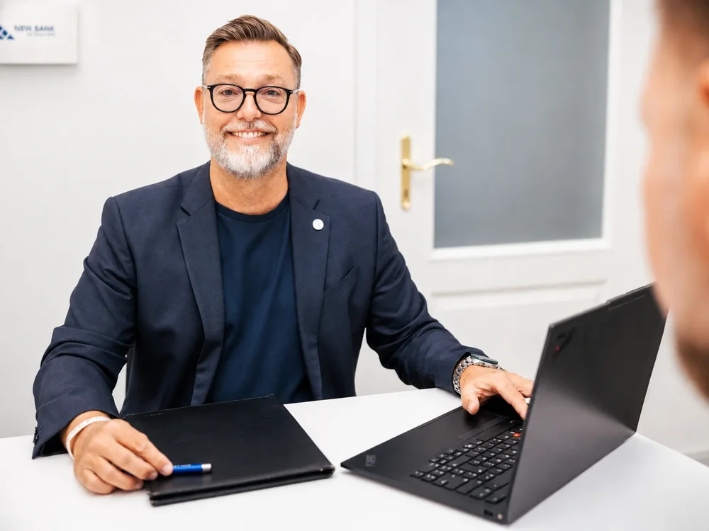Patrick Hofrichter im Beratungsgespräch am Laptop im Büro in der Badergasse