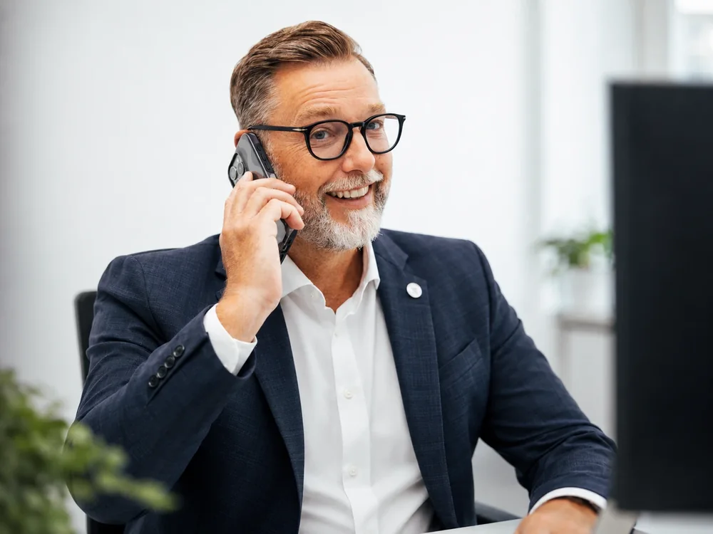 Patrick Hofrichter im Telefonat mit einem Kunden am Schreibtisch der Niederlassung Mainz